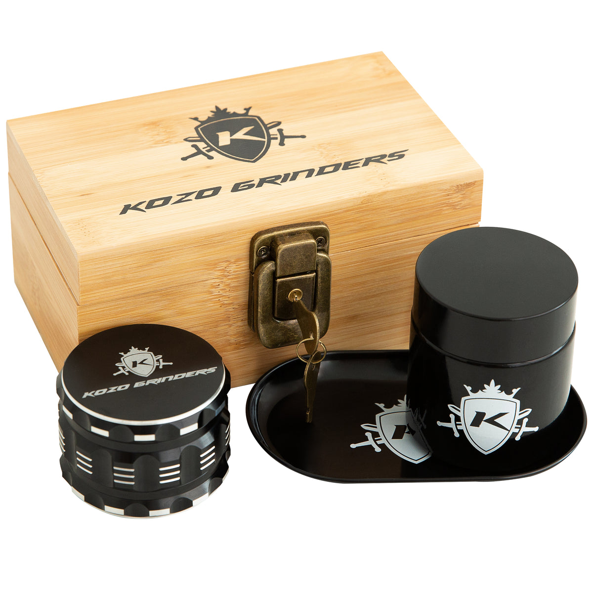 Kozo small bamboo stash box set open with the wooden box, grinder, storage jar and tray laid out