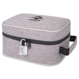 Kozo grey smell-proof bag with combination lock on the zipper, front view on a plain background