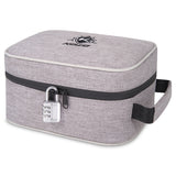 Kozo grey smell-proof bag with combination lock on the zipper, front view on a plain background