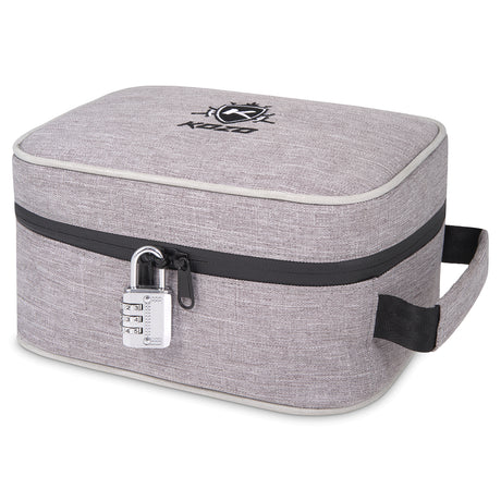 Kozo grey smell-proof bag with combination lock on the zipper, front view on a plain background