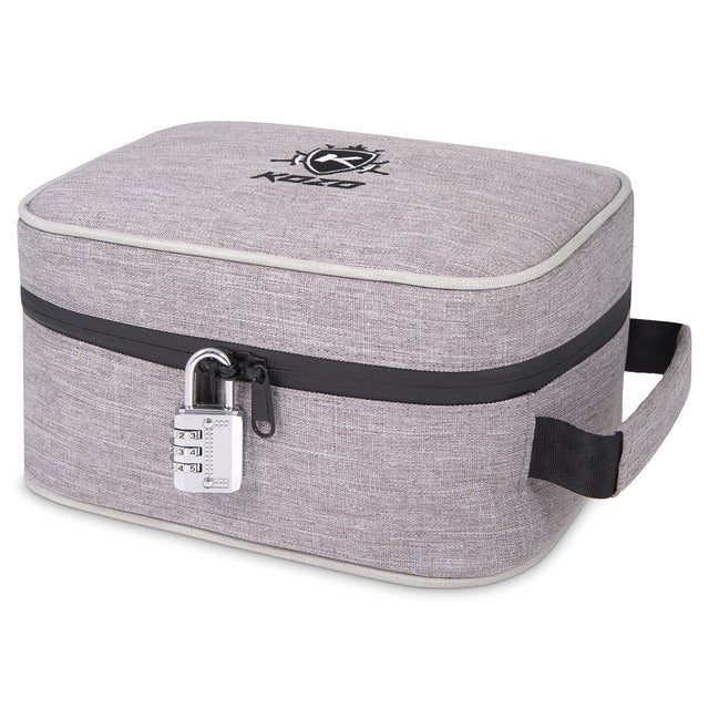 Kozo grey smell-proof bag with combination lock on the zipper, front view on a plain background