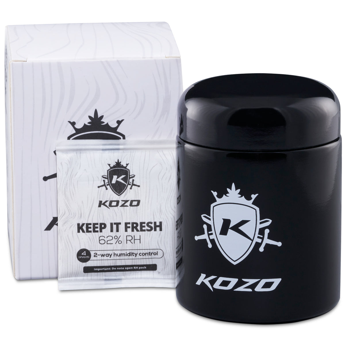 Kozo 1/2 oz black UV glass storage jar with airtight lid, shown beside its white retail box