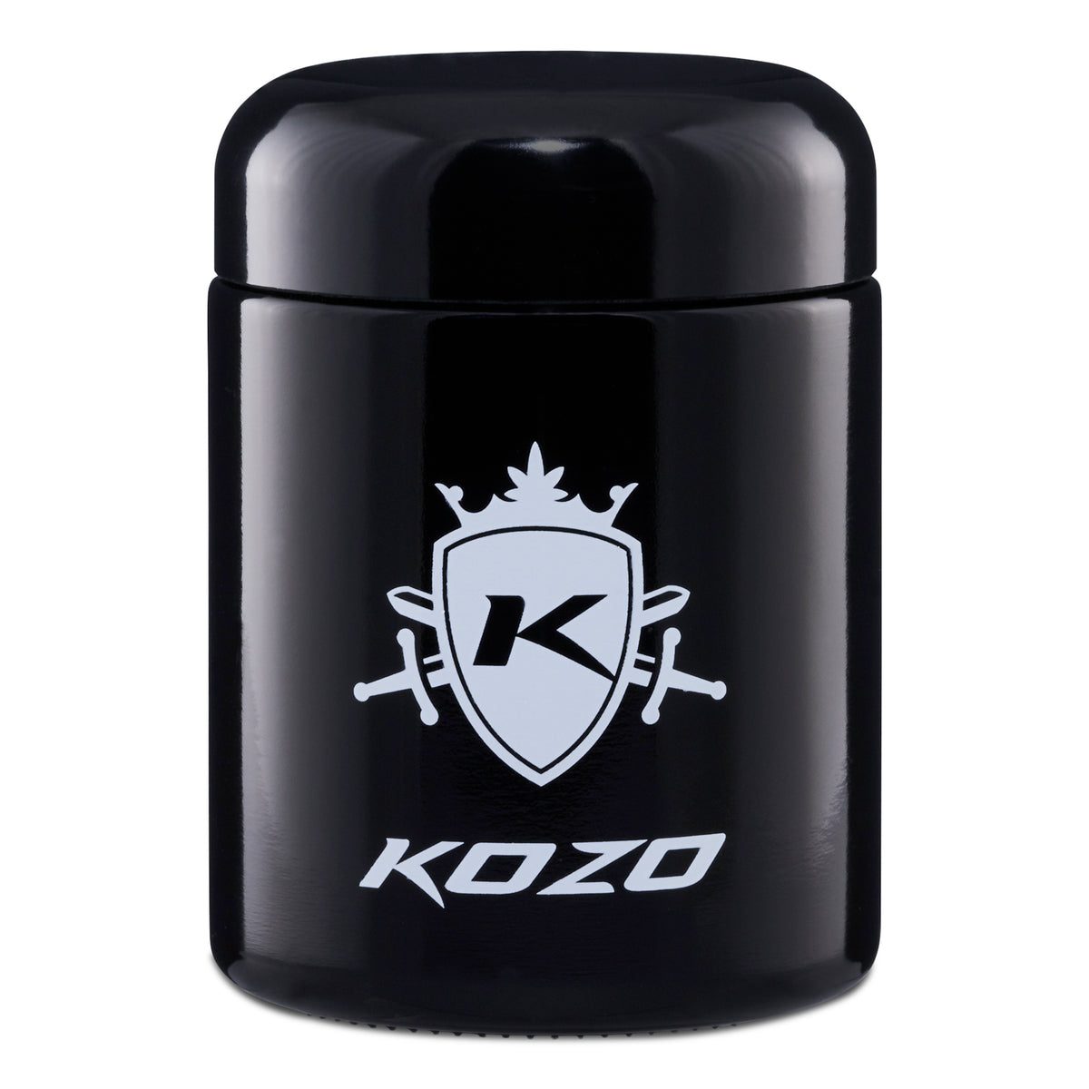Kozo 1/2 oz black UV glass storage jar with the large Kozo logo facing front, airtight lid on