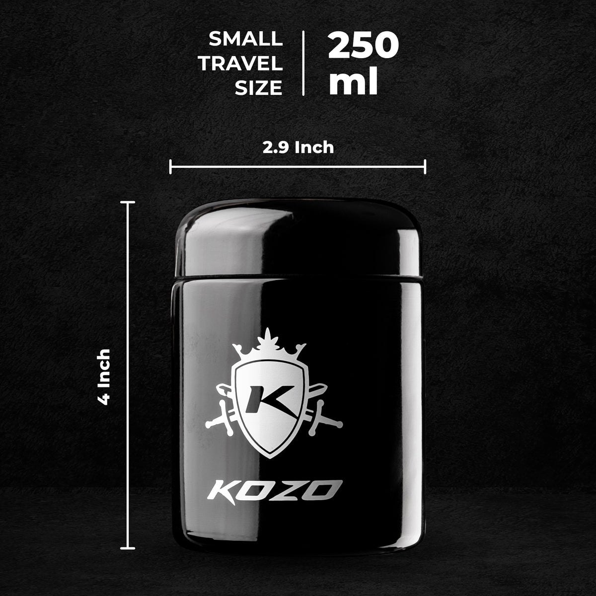 Kozo 1/2 oz black UV glass storage jar with a 250 ml size dimension callout, airtight lid on