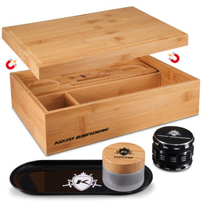 Kozo XL bamboo stash box set with magnetic flip lid open, showing the grinder, jar and tray inside