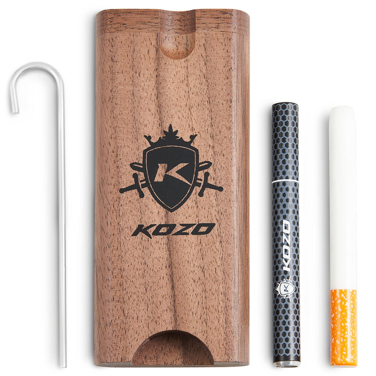 Kozo wood dugout with Kozo logo laid out with a hooked cleaning tool, dark metal rod and glass piece