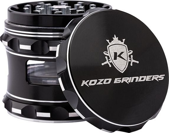 Kozo 2.5 inch window grinder in black, angled view with the lid tilted open and side window visible