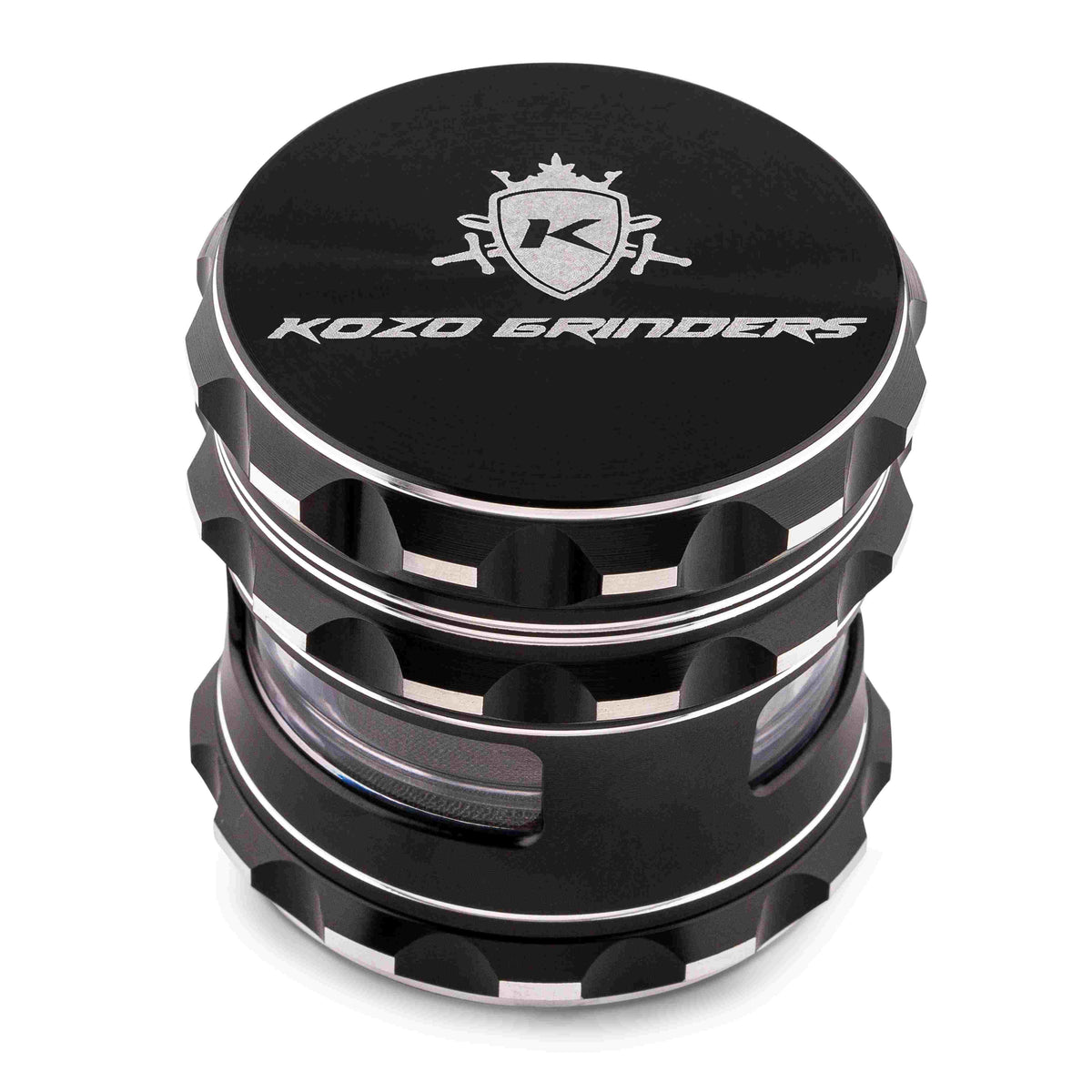 Kozo 2.5 inch window grinder in black, closed three-quarter view with the window and grip slots visible