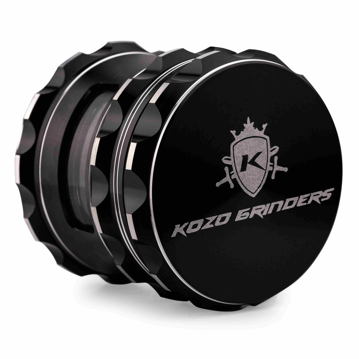 Kozo 2.5 inch window grinder in black, side view of the closed body with the lid set at an angle
