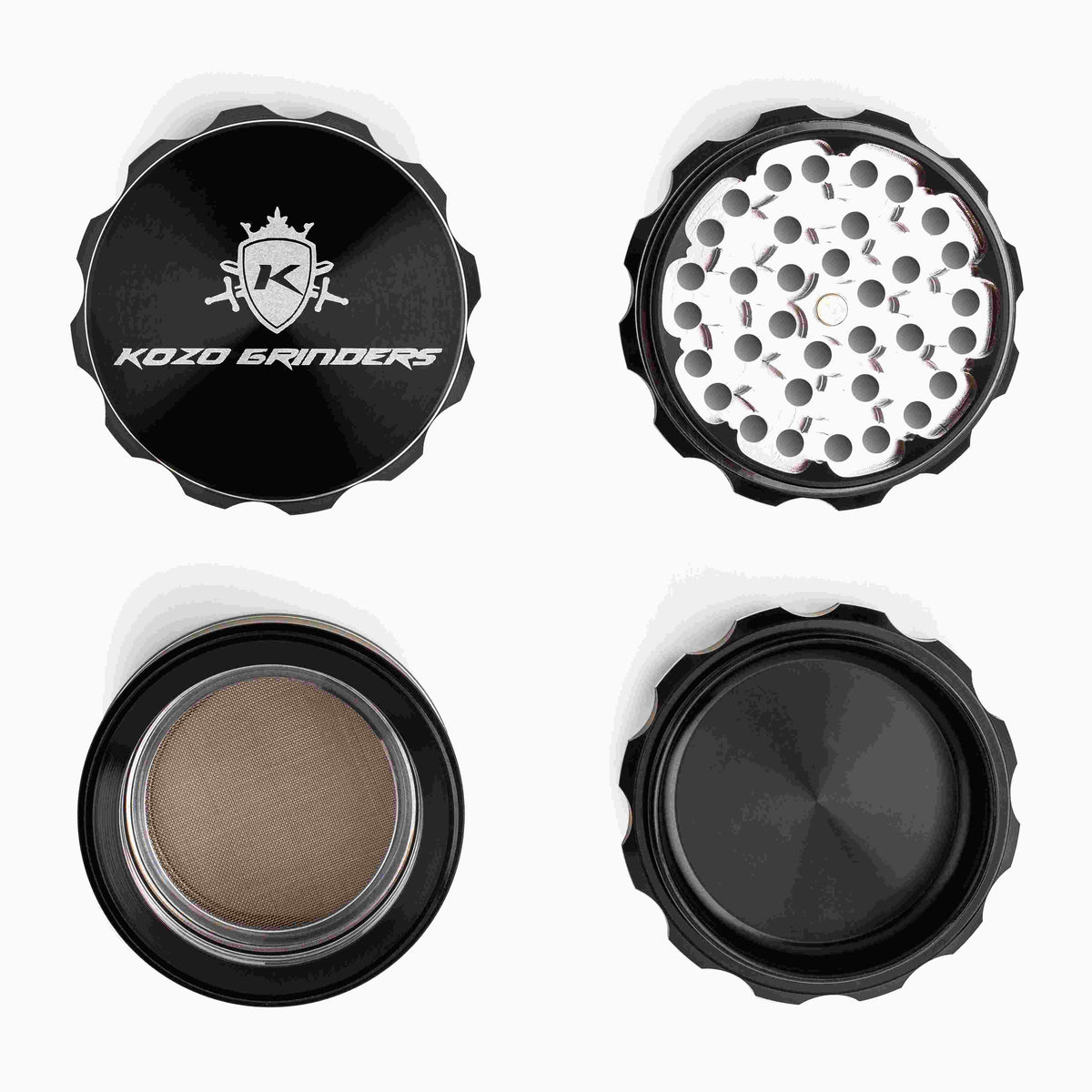 Kozo 2.5 inch window grinder in black, four pieces laid flat showing lid, teeth, screen and base
