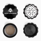 Kozo 2.5 inch window grinder in black, four pieces laid flat showing lid, teeth, screen and base