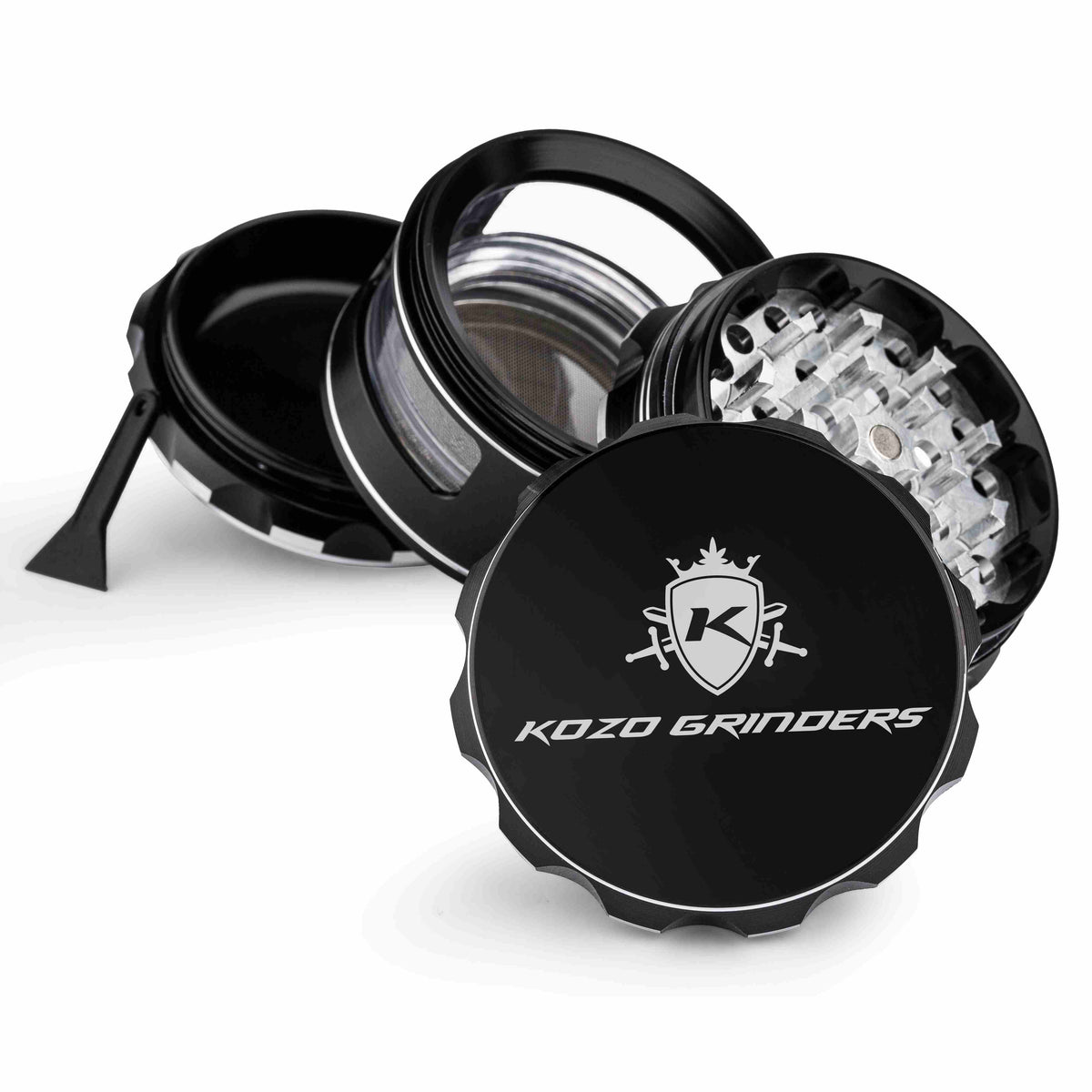 Kozo 2.5 inch window grinder in black, taken apart with the scraper tool beside the pieces