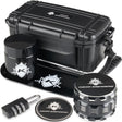Kozo black smell-proof stash box set with combo lock, open hard case holding a grinder and storage jar