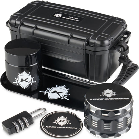 Kozo black smell-proof stash box set with combo lock, open hard case holding a grinder and storage jar
