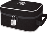 Kozo black smell-proof bag with combination lock on the zipper, front view on a plain background