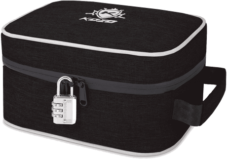 Kozo black smell-proof bag with combination lock on the zipper, front view on a plain background