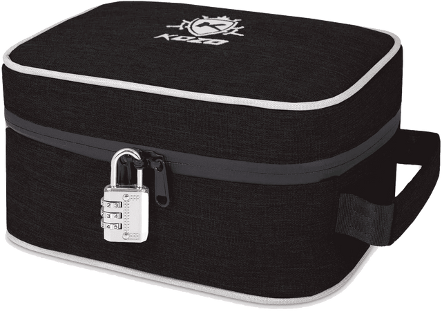 Kozo black smell-proof bag with combination lock on the zipper, front view on a plain background