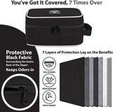Kozo black smell-proof bag infographic with a diagram of the seven layers of odor-sealing material