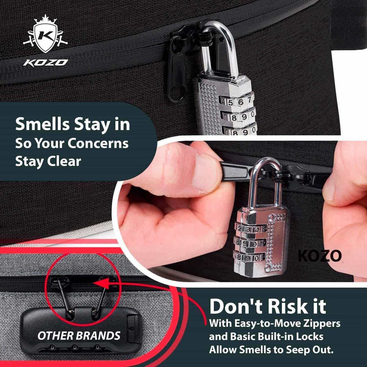 Kozo black smell-proof bag infographic with a close-up callout of the combination lock on the zipper