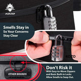 Kozo black smell-proof bag infographic with a close-up callout of the combination lock on the zipper