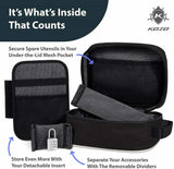 Kozo black smell-proof bag opened flat to show the removable dividers and the organized interior