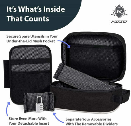 Kozo black smell-proof bag opened flat to show the removable dividers and the organized interior