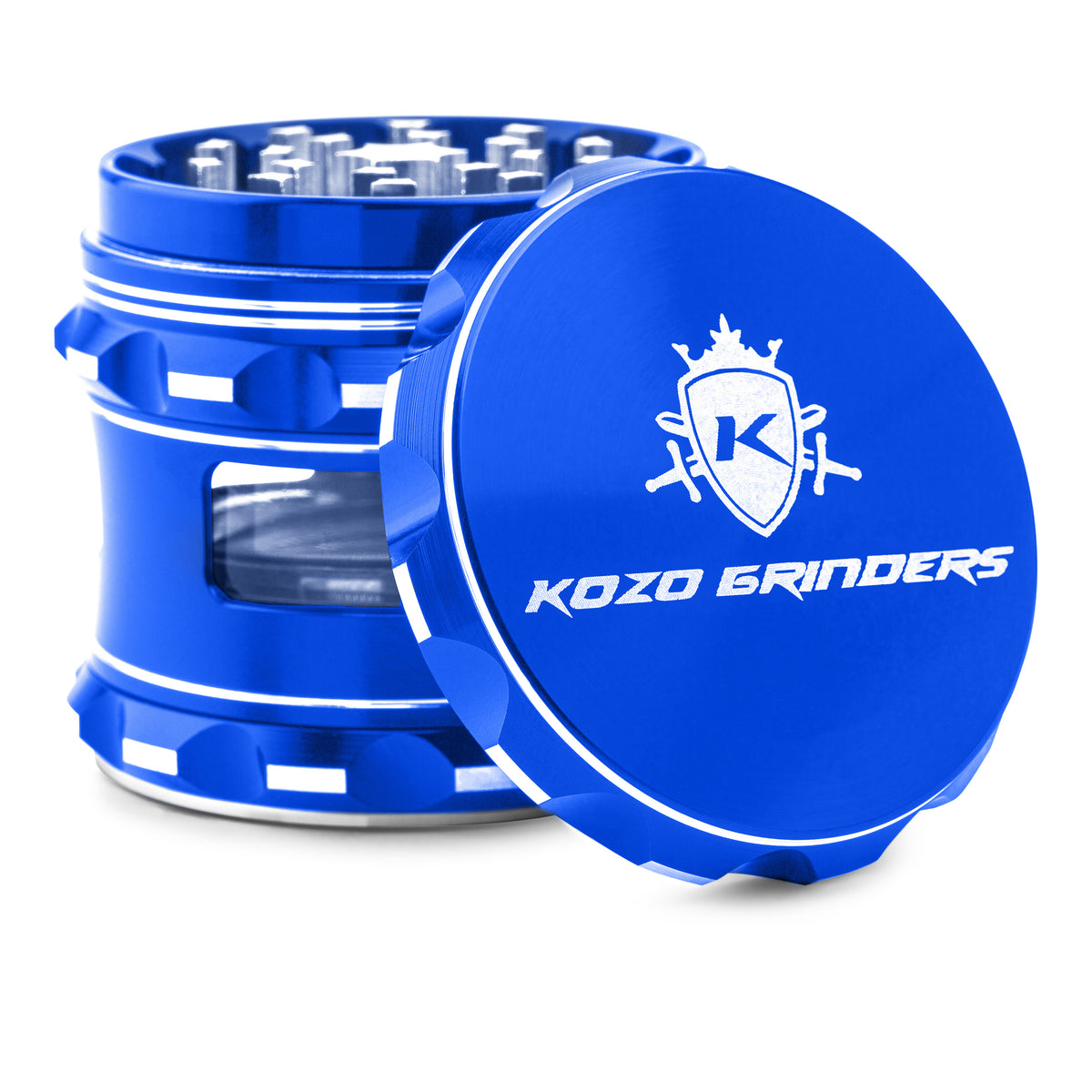 Kozo 2.5 inch window grinder in blue, angled view with the lid tilted open and side window visible