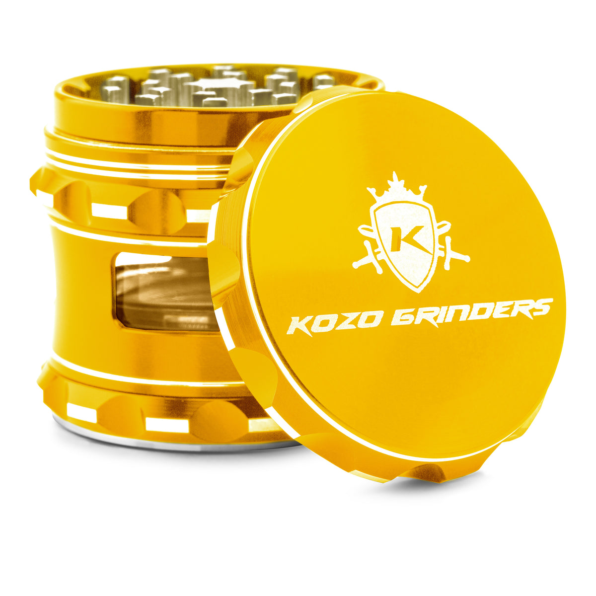 Kozo 2.5 inch window grinder in gold, angled view with the lid tilted open and side window visible