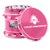 Kozo 2.5 inch window grinder in pink, angled view with the lid tilted open and side window visible