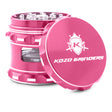 Kozo 2.5 inch window grinder in pink, angled view with the lid tilted open and side window visible