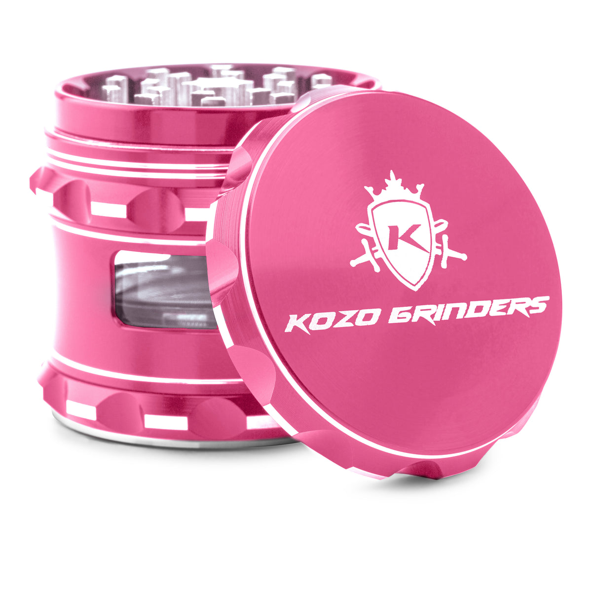 Kozo 2.5 inch window grinder in pink, angled view with the lid tilted open and side window visible