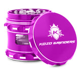 Kozo 2.5 inch window grinder in purple, angled view with the lid tilted open and side window visible