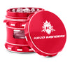 Kozo 2.5 inch window grinder in red, angled view with the lid tilted open and side window visible