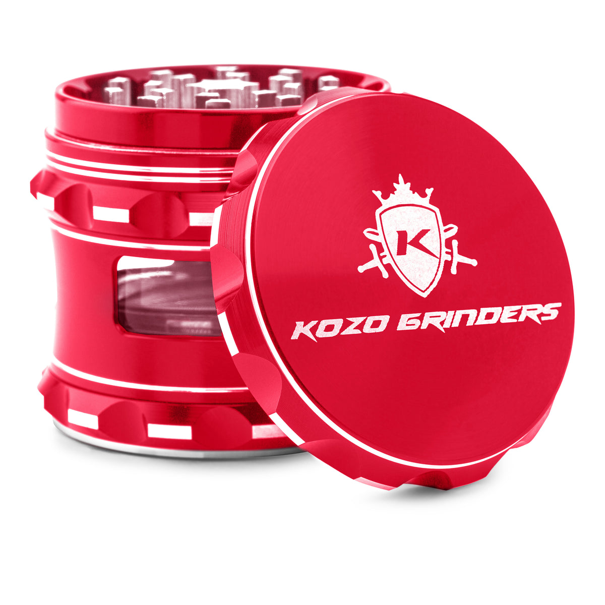 Kozo 2.5 inch window grinder in red, angled view with the lid tilted open and side window visible