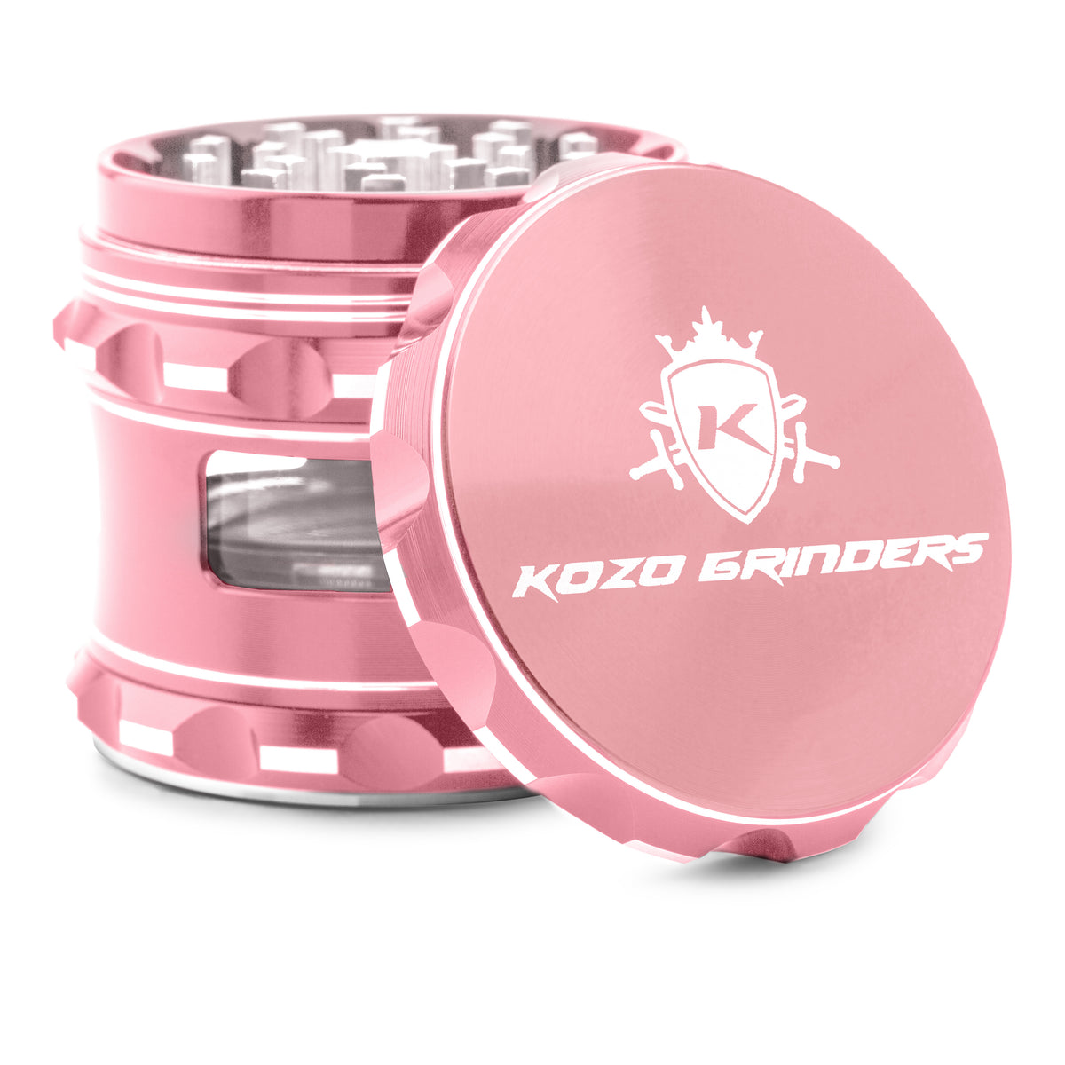 Kozo 2.5 inch window grinder in rose gold, angled view with the lid tilted open and side window visible