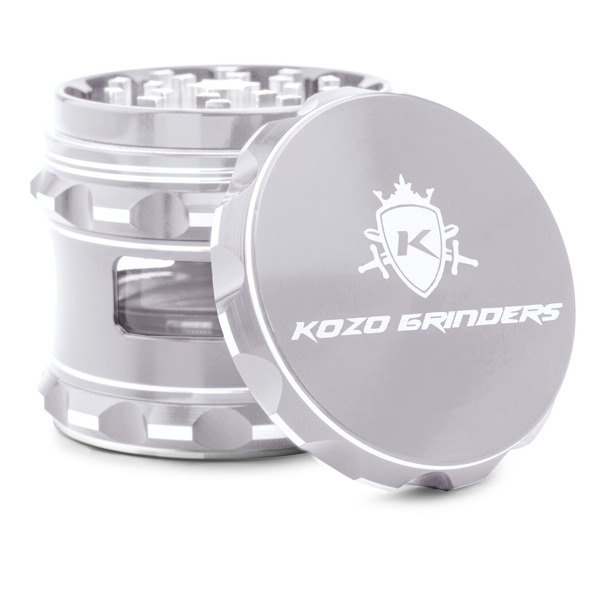 Kozo 2.5 inch window grinder in silver, angled view with the lid tilted open and side window visible