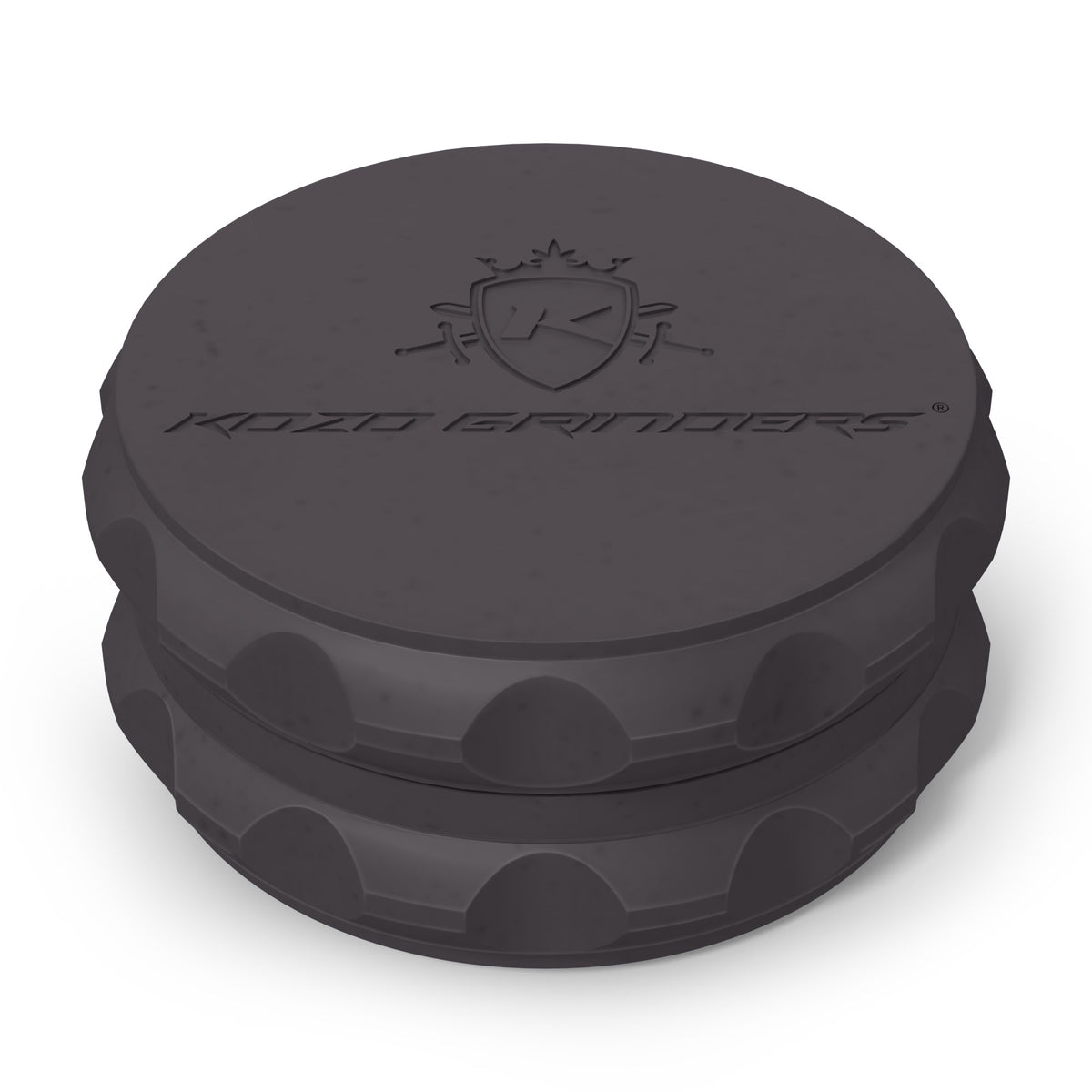 Kozo 2.5 inch two-piece hemp grinder in black, closed view of the matte textured body with the Kozo logo on the lid