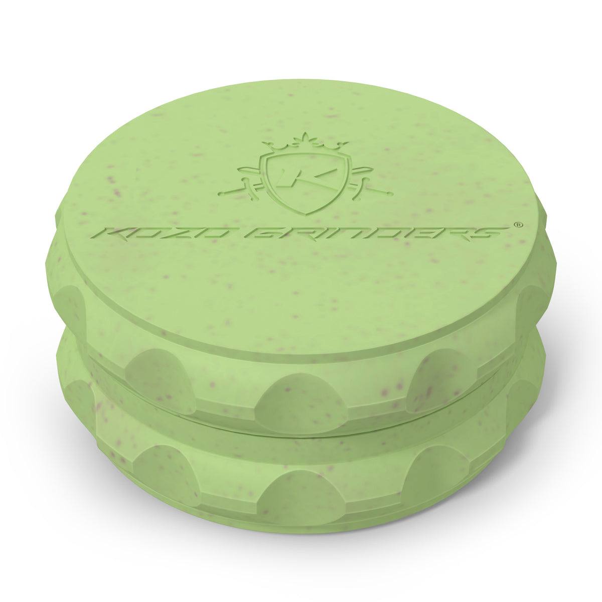 Kozo 2.5 inch two-piece hemp grinder in green, closed view of the matte textured body with the Kozo logo on the lid