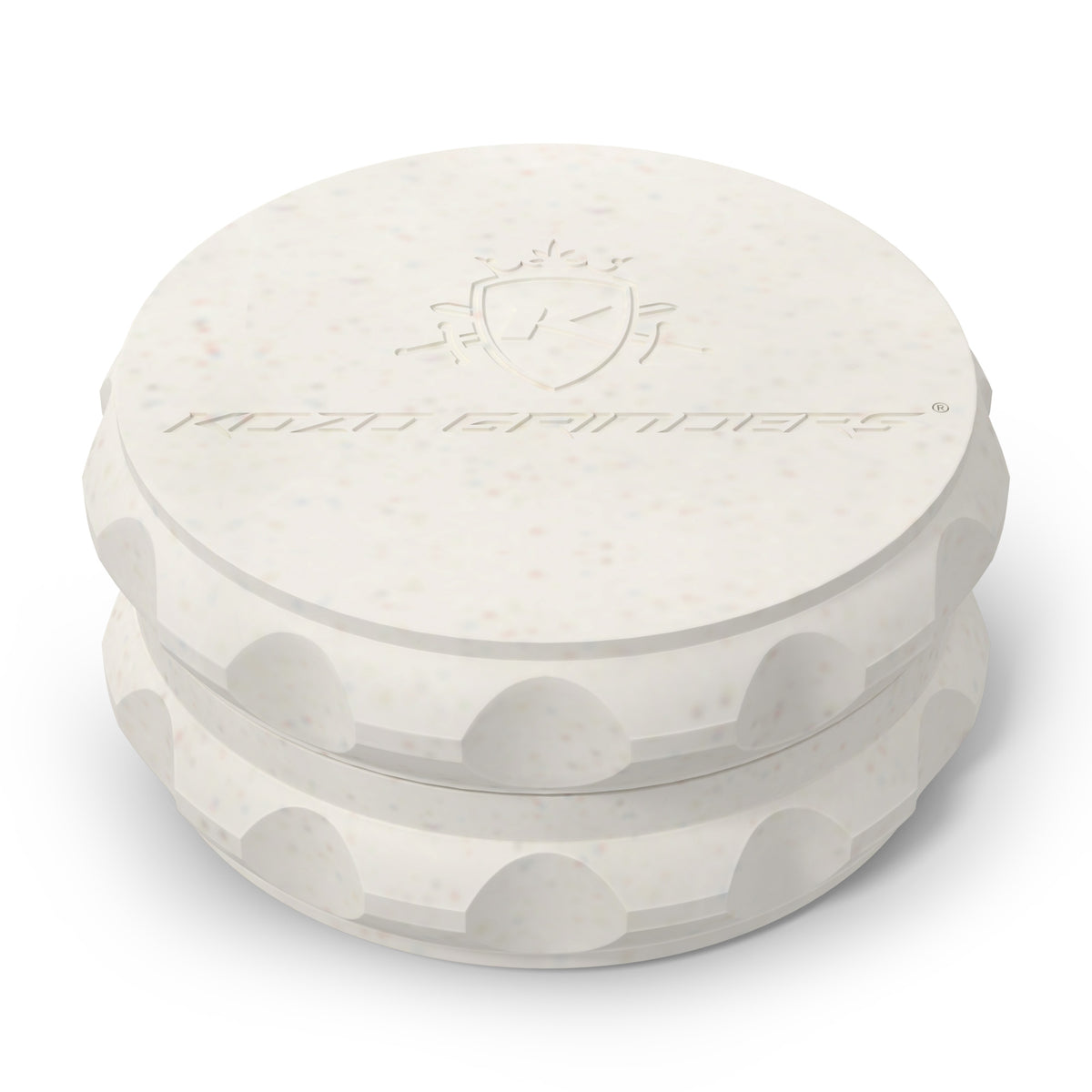 Kozo 2.5 inch two-piece hemp grinder in white, closed view of the matte textured body with the Kozo logo on the lid