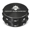 Kozo 2.5 inch two-piece non-stick aluminum grinder in black, closed front view with the Kozo logo on the lid