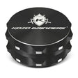Kozo 2.5 inch two-piece non-stick aluminum grinder in black, closed front view with the Kozo logo on the lid