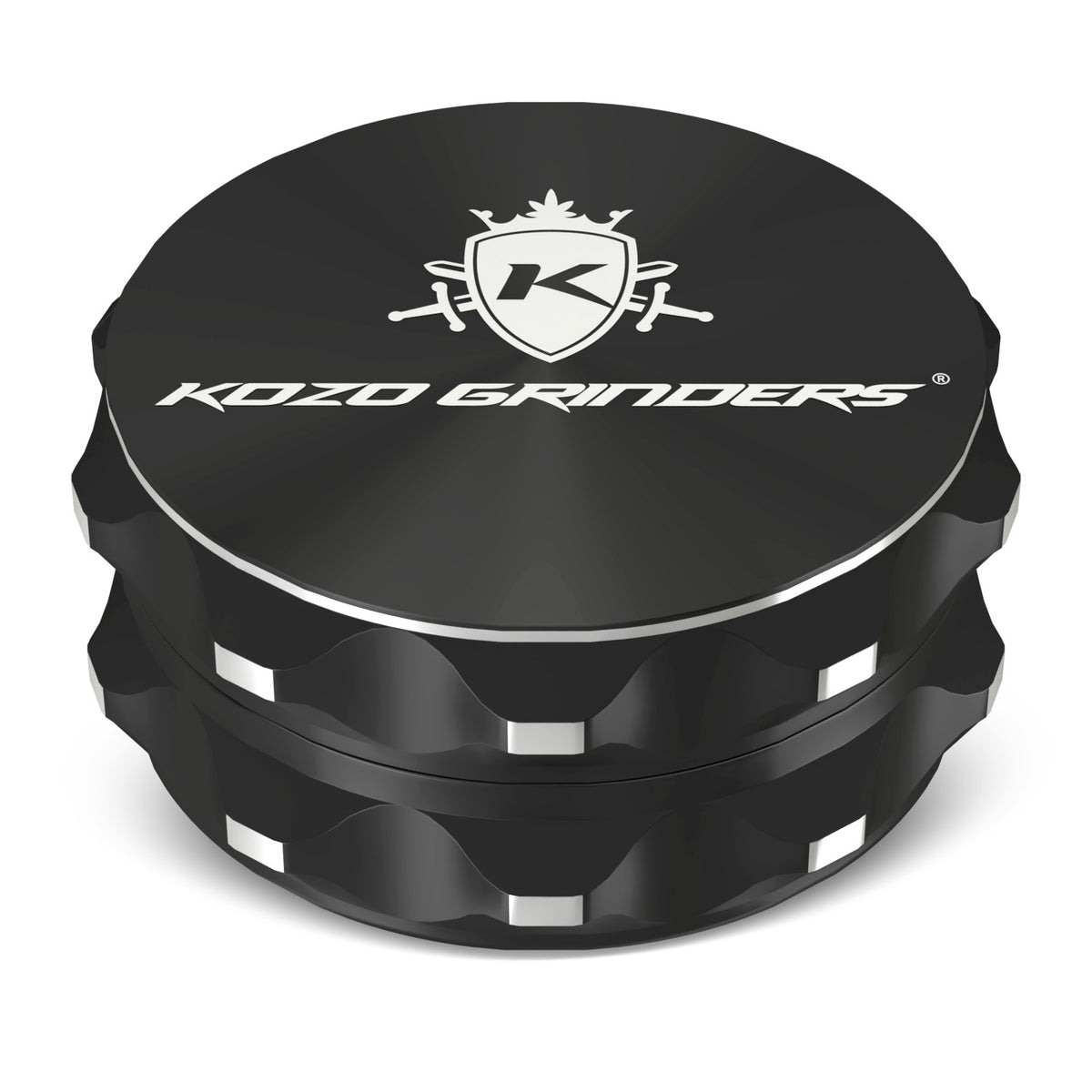 Kozo 2.5 inch two-piece non-stick aluminum grinder in black, closed front view with the Kozo logo on the lid