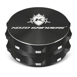Kozo 2.5 inch two-piece non-stick aluminum grinder in black, closed front view with the Kozo logo on the lid