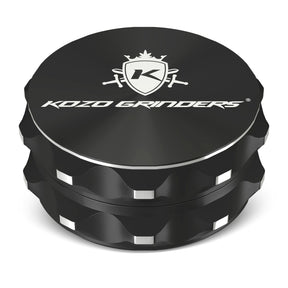Kozo 2.5 inch two-piece non-stick aluminum grinder in black, closed front view with the Kozo logo on the lid