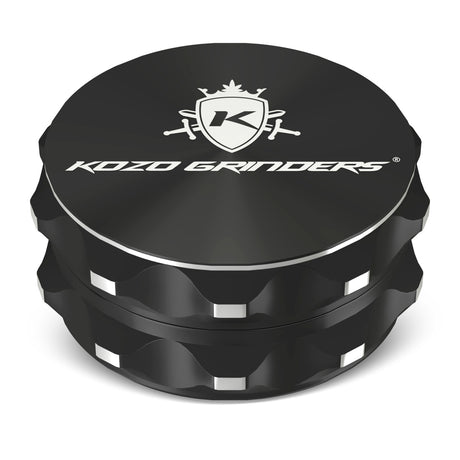 Kozo 2.5 inch two-piece non-stick aluminum grinder in black, closed front view with the Kozo logo on the lid