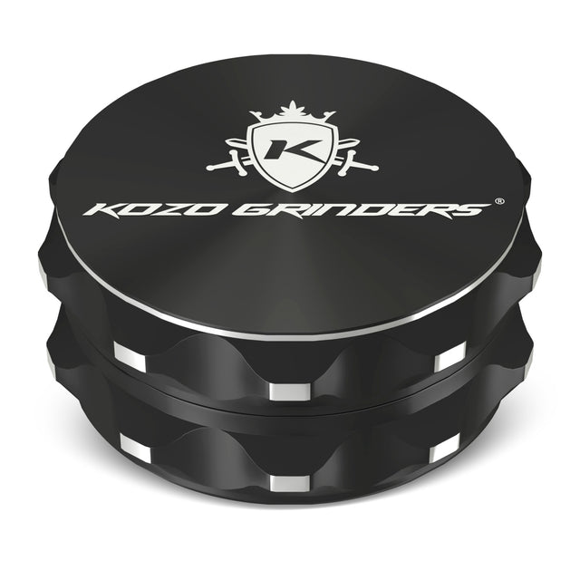 Kozo 2.5 inch two-piece non-stick aluminum grinder in black, closed front view with the Kozo logo on the lid