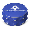 Kozo 2.5 inch two-piece non-stick aluminum grinder in blue, closed front view with the Kozo logo on the lid