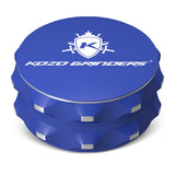 Kozo 2.5 inch two-piece non-stick aluminum grinder in blue, closed front view with the Kozo logo on the lid
