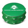 Kozo 2.5 inch two-piece non-stick aluminum grinder in green, closed front view with the Kozo logo on the lid