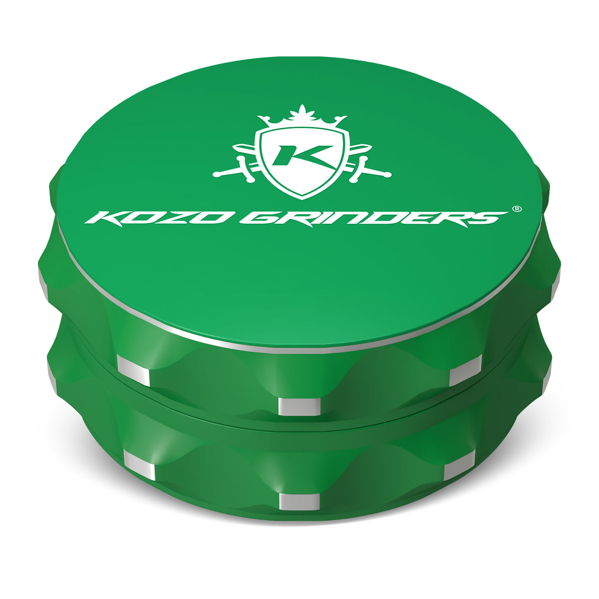 Kozo 2.5 inch two-piece non-stick aluminum grinder in green, closed front view with the Kozo logo on the lid
